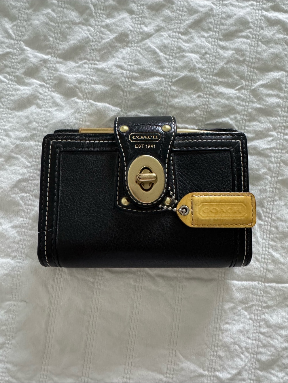 Coach Black Leather Turnlock Wallet with Coach Key Tag, Brass Hardware